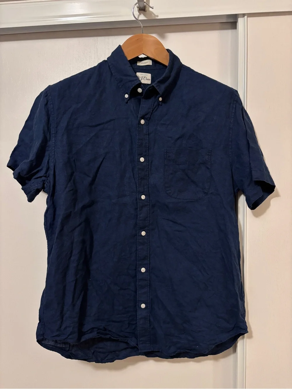 J Crew Mens Linen Button Down Shirt Size Medium Short Sleeves Baird McNutt Blue